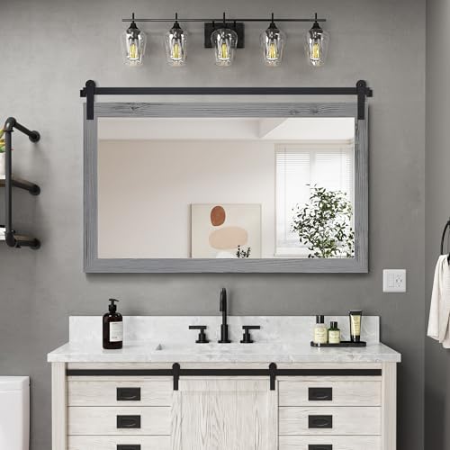 Image of COGOOD Farmhouse Bathroom Mirror - 45 x 30 Rustic Wood Framed Wall Barn Door Mirror for Entryway, Living Room, Entryway Wall Decor (Grey)