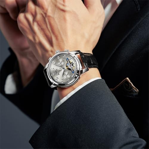 Image of OLEVS Mechanical Dress Mens Watches Square Brown Leather Strap Moon Phase Skeleton Tourbillion Day Date Waterproof Luminous Men's Wrist Watches