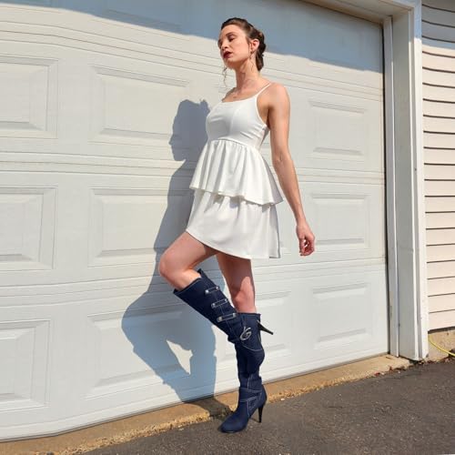 Uniquelly Womens Denim Knee High Boots Stiletto High Heel Mid Calf Slip On Round Toe Classic Retro Winter Shoes2