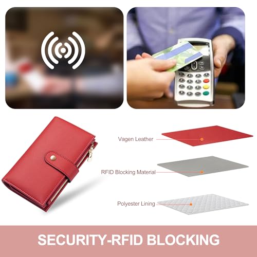 Image of yiijay Womens Wallet RFID Blocking Vegan Leather Trifold Clutch Credit Card Holder Ladies Travel Wallet Purse with Pen Holder, 1Red, 6.5x 4.2x 1.4 inches, Rfid Wallet