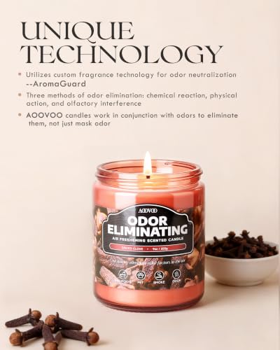 Image of AOOVOO Spiced Clove Odor Eliminating Highly Fragranced Candle - Eliminates 95% of Pet, Smoke, Food, and Other Smells Quickly, Non Toxic Air Freshing Soy Candle, 9 oz Up to 50 Hours Burn time