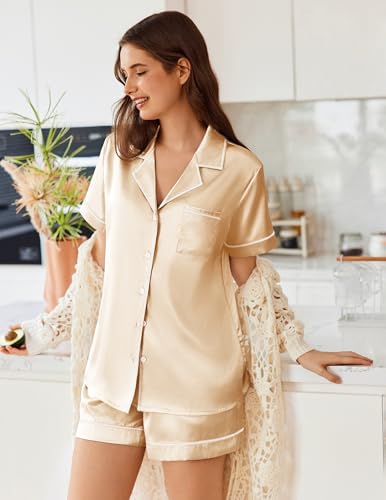 Image of Ekouaer Womens Satin Silk 2 Piece Pajamas Set Short Sleeve Sleepwear | Button Down Top and Shorts Loungewear Set for Sleep, Home, Wedding, Travel, Party, Daily Wear & Great for Sharing