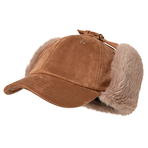 Fancet Mens L Winter Fitted Ear Flaps Wool Warm Faux Fur Military Army Hunter Trucker Hat Women Baseball Cap Brown Large