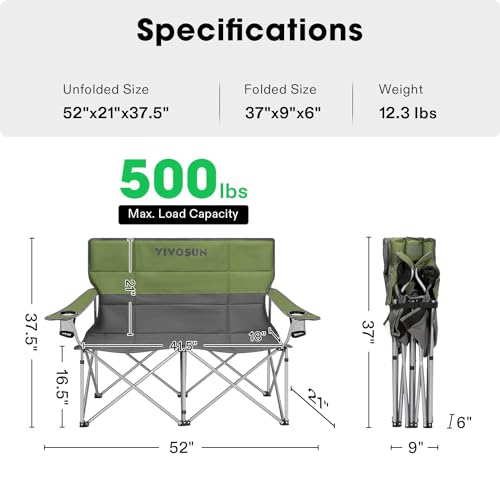 Image of [outlets]VIVOSUN Double Camping Chair, Fully Padded Folding Loveseat, Portable Oversized Duo Chair with Storage Cup Holders, Height-adjustable Armrests & Carry Bag, Supports up to 500lbs, Green & Grey
