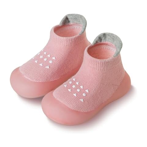 Eocom Baby Sock Shoes Toddler Cartoon Rubber Sole Non-Skid Indoor Floor Slipper for Infant Boys Girls First Walking(Pink#B, 6-12 Months) Cover
