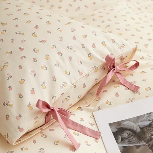 Image of LifeTB Botanical Floral Comforter Set King, Cute Colorful Flowers Pattern Cottagecore Comforter with 2 Bow Ties Pillowcases, Soft Lightweight Bedding Comforter for All Seasons Aesthetic Bedroom Decor