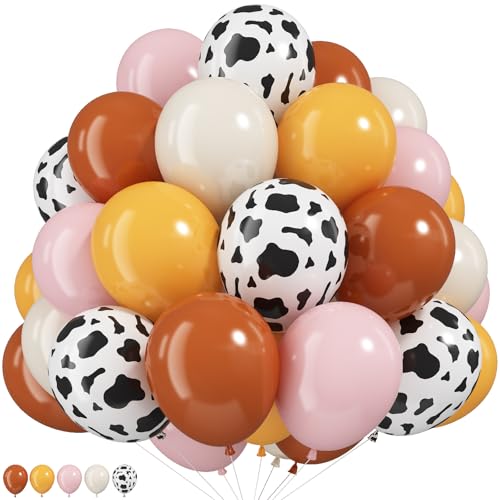 Image of HILAVO Cow Print Balloons, 12 Inch Retro Orange and Pink Yellow Sand White Balloons for Story Theme Farm Country Wild Western Cowgirls Rodeo Baby Shower Birthday Party Decorations