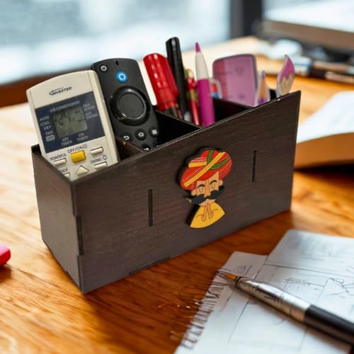 Image of Zesta Wooden Desk Organizer Pen Stand Remote Holder Card Slot | Table Accessory Office Desk Study Room | Pencil Storage Stand Stylish Workspace Decor (Rajasthani Man)