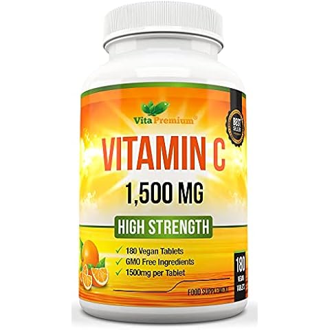 Vitamin C 1500mg per Tablet, High Strength 180 Vegan Tablets, Food Supplement, 6 Month Supply - Made in UK Cover