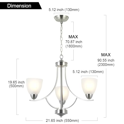 VINLUZ 3 Light Contemporary Chandeliers Brushed Nickel Modern Light Fixtures Ceiling Hanging Classic Pendant Lighting for Foyer Bedroom Dining Room Bathroom