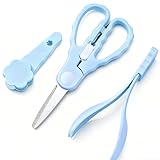 Baby Food Scissors with Travel Case, Tong, Spoon, Fork Set Portable Stainless Steel Shears with Safety Lock, Dishwasher Safe, Kitchen Scissors, Healthy Food Cutter with Dust Cover,Blue