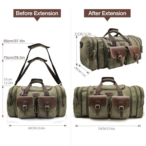 Image of Wildroad 60L Travel Duffel Bag, Expandable Canvas Genuine Leather Duffle Bag Upgraded Overnight Weekender Bag Carry on Bag