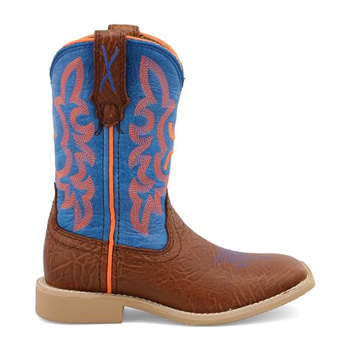 Twisted X Kid's Hooey Boot, New Wide Square Toe, Cognac Bullhide & Neon Blue (M 10-13.5), 13.5 M4