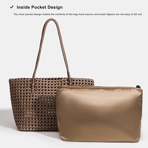 Image of JINMANXUE Woven Tote Bag For Women,Travel Shoulder Bag, Large Hollow Beach Soft Satin Handbags Hand-woven Satchel Clutch