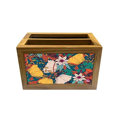 Image of Nutcase Designer Wooden Stationery Remote Stand for Home - Remote Control Holder Organizer Caddy for TV /AC Remotes-Multipurpose Desk Organiser (Teak Wood Floral Design 1), Multicolor