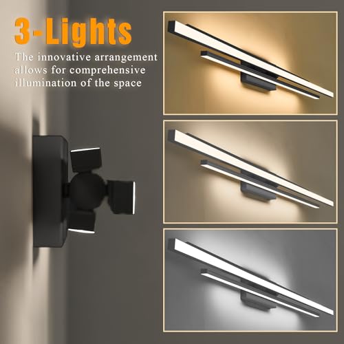 Image of Modern LED Vanity Light 48 Inches Long Black LED Wall Light Over Vanity Mirror Hardwired Wall Mount Lighting Fixture 5CCT(3000K /3800K /4500K /5200K /6000K) Dimmable Bathroom Wall Mount Lighting