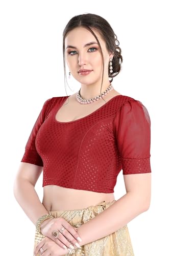 Image of FINESTFIT Stay On Trend Fashion 100% Cotton Readymade Blouses for Women,Round Neckline with Organza Balloon Sleeves.