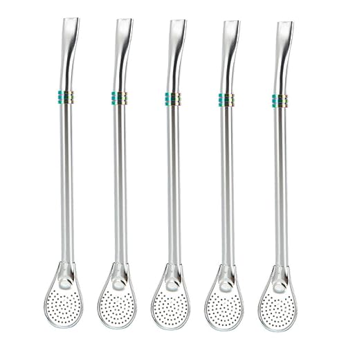 HOLIDYOYO 5pcs Filter Straw Spoon Desert Spoon Cocktail Bar Spoon Tea Filters Spoon Straws Cocktail Mixing Spoon Stirrers for Mixed Drinks Dessert Spoons Filtering Spoon 304 Stainless Steel