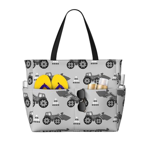 Gray Tractor Print Large Beach Tote Bag for Women Extra Large Capacity Sandproof Waterproof Pool Bag Suitable for Swimming Pool Gym Groceries Travel