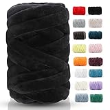 Chunky Yarn for Hand Knitting- Velvet Chenille Tube Yarns- Jumbo Yarns for Blankets, Pet Beds, Machine Washable (0.66 Lb/18.59 Yd), Easy No-Tool Arm Knitting & Crochet Project Yarn (Black)