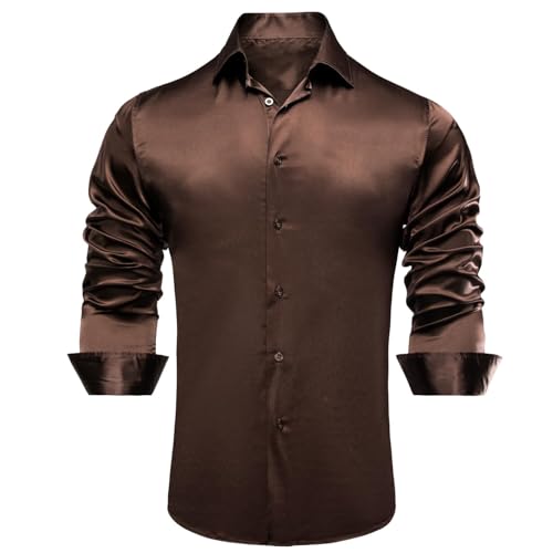 Image of Hi-Tie Men's Silk Satin Dress Shirts Long Sleeve Shiny Casual Button Up Shirts Luxury Party Disco Prom Wedding Shirt