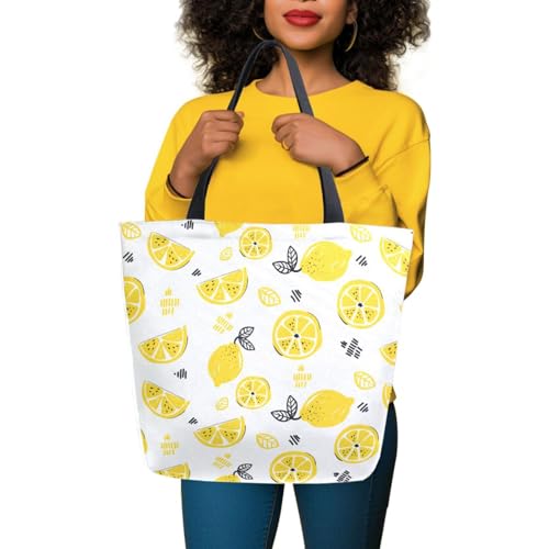 Cute Yellow Lemon Slice Canvas Tote Bag for Women with Zipper Pocket Reusable Grocery Shopping Bags Large Travel Shoulder Bag Handbag Bags2