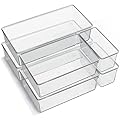 6 Pack Large Clear Plastic Drawer Organizer Trays, Acrylic Kitchen Drawer Organization and Storage Dividers, Non-Slip Storage Bins for Makeup, Kitchen Utensils, Bathroom, Jewelries and Office Desk