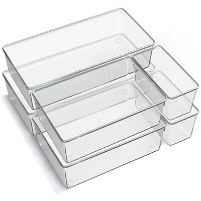 6 Pack Large Clear Plastic Drawer Organizer Trays, Acrylic Kitchen Drawer Organization and Storage Dividers, Non-Slip Storage Bins for Makeup, Kitchen Utensils, Bathroom, Jewelries and Office Desk