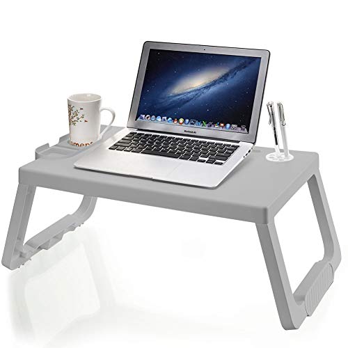 LÈFERS Folding Lap Desk,Foldable Portable Lap Laptop Bed Table with Cup Slot Pen Slot, Notebook Stand?Breakfast Bed Tray Book Holder for Sofa, Bed(Grey)