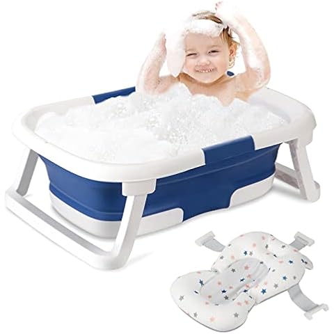 Baby Bathtub Portable Collapsible Toddler Bath tub Foldable Infant Shower Basin Anti Slip Skid Proof with Baby Cushion for 0-5 Years, Blue Cover