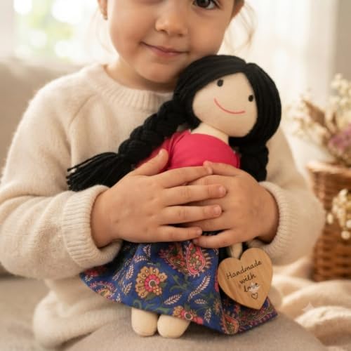 Image of Handcrafted Indian Rag Doll Set, Stitch Soft Toy Doll for Kids, Soft Cotton Fabric Yarn Cloth Doll, Traditional South Indian Soft Toys (Pink and Blue, Pink with Blue Floral)