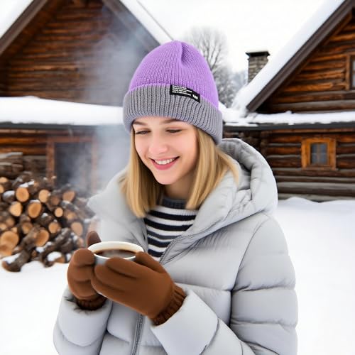 Gorro de malha canelada para homens e mulheres com punho boné de inverno elástico para clima frio viagem ao ar livre, Roxa, M
