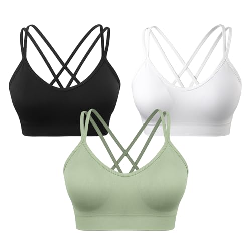 Image of VEQKING Strappy Cross Back Women Sports Bra Pack for Medium Support Workout | Removable Padded Cups, Spaghetti Strap, Comfort Seamless Wirefree, Soft Breathable Fabric, for Gym /Yoga /Pilates /Walking /Daily