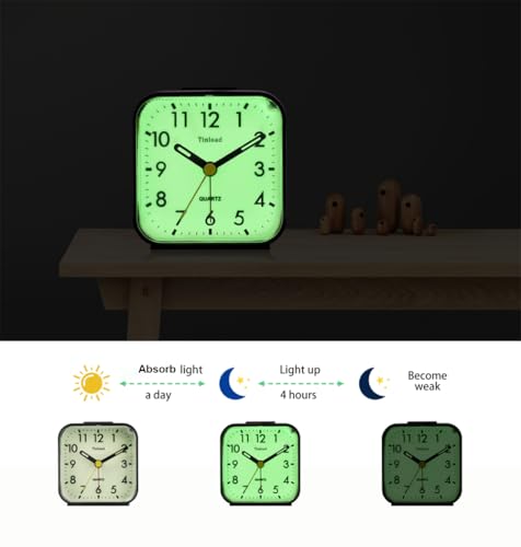 Image of Tinload Small Battery Operated Analog Travel Alarm Clock Silent Non Ticking,Gentle Wake, Ascending Beep Sounds, Snooze,Lighted on Demand, Glow in Dark dial,Easy Set