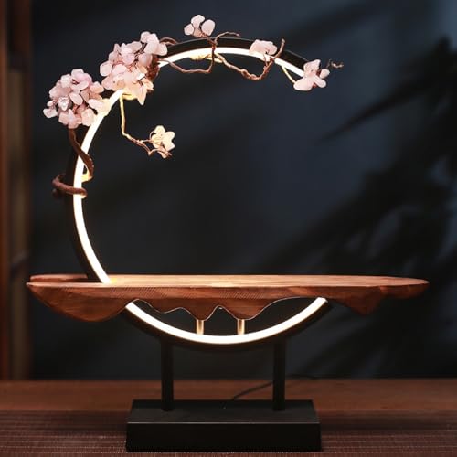Sefoemut 新しい中国の禅仏飾り、人工屋内植物、家の装飾ギフト、USB LEDライト付きのリアルな偽の盆栽、玄関デスク用のクリエイティブなランプリング、自宅のリビングルームの玄関オフィスの装飾盆栽に適しています (ピンククリスタルリング) [並行輸入