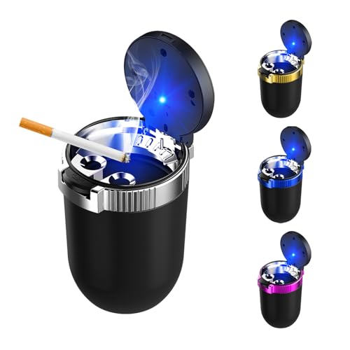 Image of Car Ashtray with Lid, Detachable Smokeless Auto Cup Holder Ashtray with LED Blue Light, Stainless Steel Ash Tray Portable Mini Vehicle Trash Can for Car Home Outdoor (Silver)