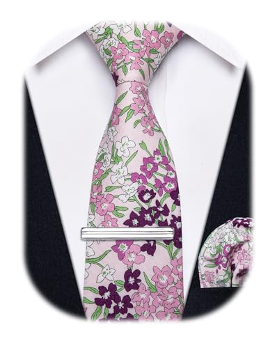 Image of YourTies Cotton Floral Tie for Men 2.5 inch Printed Skinny Necktie Pocket Square Tie Clip Set Flower Wedding Party Groom