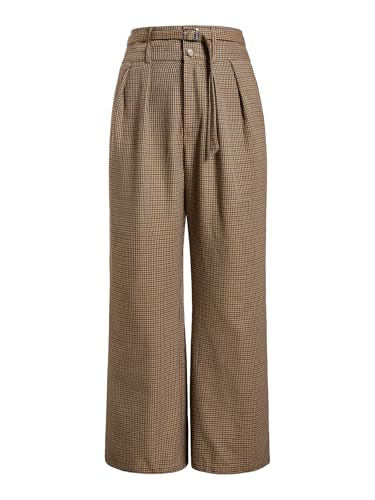 MakeMeChic Women's Plaid Business Pants High Waist Wide Leg Office