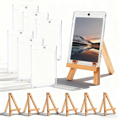 CVASNF 6 Sätze Magnetic Card Holder Sammelkarten Ständer mit 35pt Transparent Karten Rahmen Magnetischer Kartenhalter mit Staffelei Holz Ultra Uv-Schutz für Magic Yugioh Sportkarten Sammlung