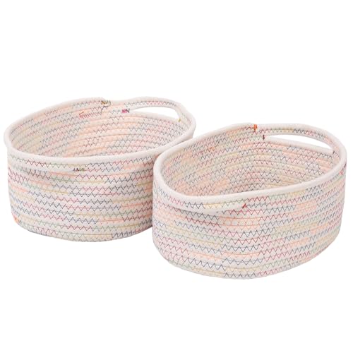 Image of JMvicyroam Small Woven Basket, Empty Gift Basket, Colorful /2 Pack | Small Gift Basket, Cotton Rope, 12 x 8 x 49 in, Handles, Includes Ribbon and Bag, Birthday Gift Basket