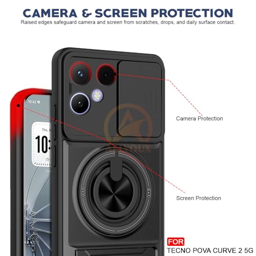 Image of Tecno Pova Curve 2 Back Cover | Armor Camera Slider 360 Degree Rotating Finger Ring Holder Case with Bracket Stand Back Case Cover (Compatible with MagSafe Accessories) (Black)