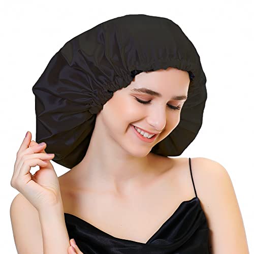 Image of Extra Large Adjustable Double Layer Satin Hair Bonnets with Drawstring for Women Night Sleeping Long Silky Satin