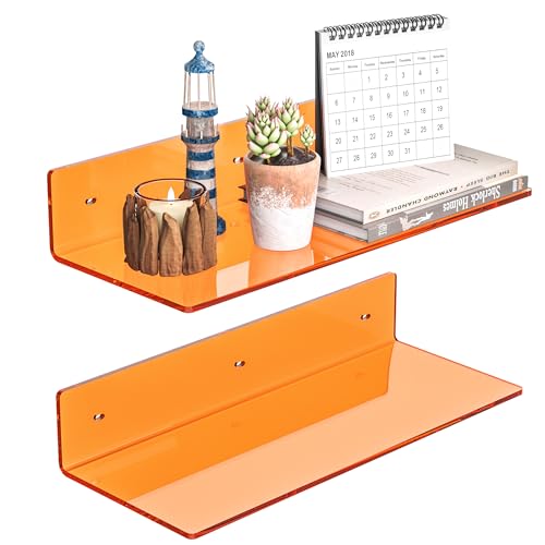 Sezanrpt Lot de 2 étagères murales flottantes en acrylique orange de 38,1 cm en forme de L, étagères murales en plexiglas pour décoration murale, voiture...