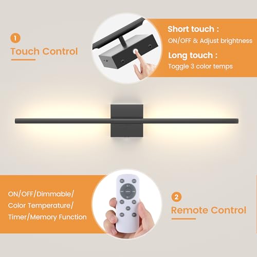 Image of VOLISUN 7800mAH Battery Operated Wall Sconces Set of Two, Rechargeable Wall Sconces with Remote, 3000K-6500K Dimmable Wireless Wall Lamp, 28'' Wireless Wall Lights for Bedroom, Living Room(Black)