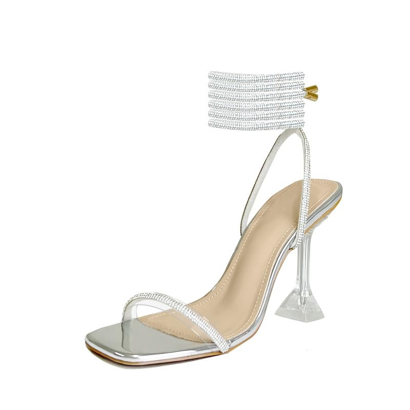 Women's Sparkly Glitter Shine Clear Heels Rhinestones Ankle Strappy Up Heels for Women Sandals