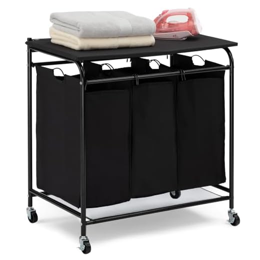 HollyHOME Laundry Sorter Cart with Foldable Ironing Board with Removable 3 Bags Laundry Hamper Sorter Black