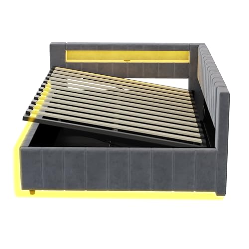 RIAZOS Polsterbett Schlafsofa 140x200, Doppelbett mit Hydraulischem Stauraum, mit LED-Licht und USB-Ladefunktion, Tagesbett Jugendbett mit Lattenrost, Samtstoff, ohne Matratze, Grau