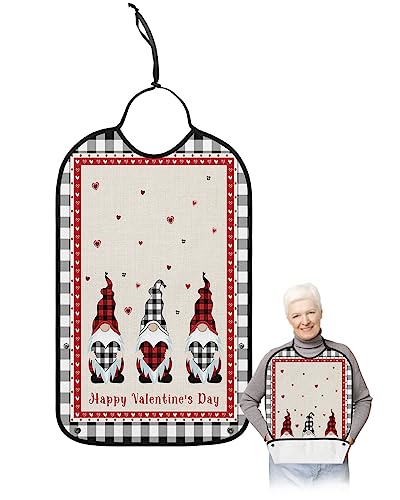 Valentines Gnomes Adult Bibs for Eating, Waterproof Bibs with Food Catcher & Adjustable Snap Closure, Black White Plaid Love Heart Washable Clothing Protectors Adult Bibs for Elderly Women/Men