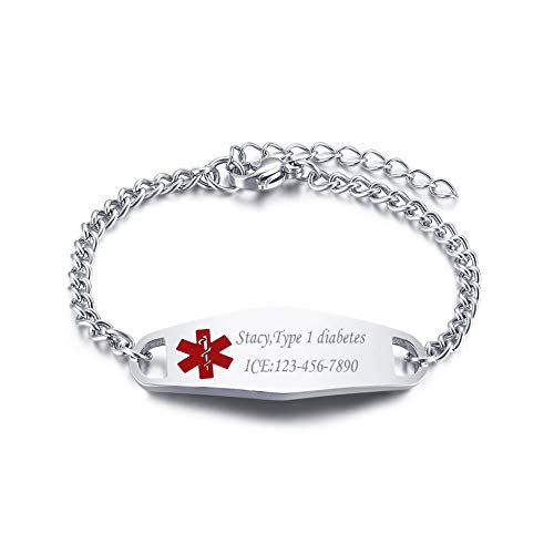 VNOX Free Custom Engraving Stainless Steel Emergency Medical Alert ID Identification Bracelet for Women Girls Kids,4.7-5.9 Inches