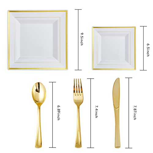 JOLLY CHEF 125 Count Square Gold Plastic Plates, Including 25 Disposable Dinner Plates, 25 Plastic Salad Plates, 25 Knives 25 Forks 25 Spoons, Plastic Dinner Plates for Weddings and Parties - Image 4